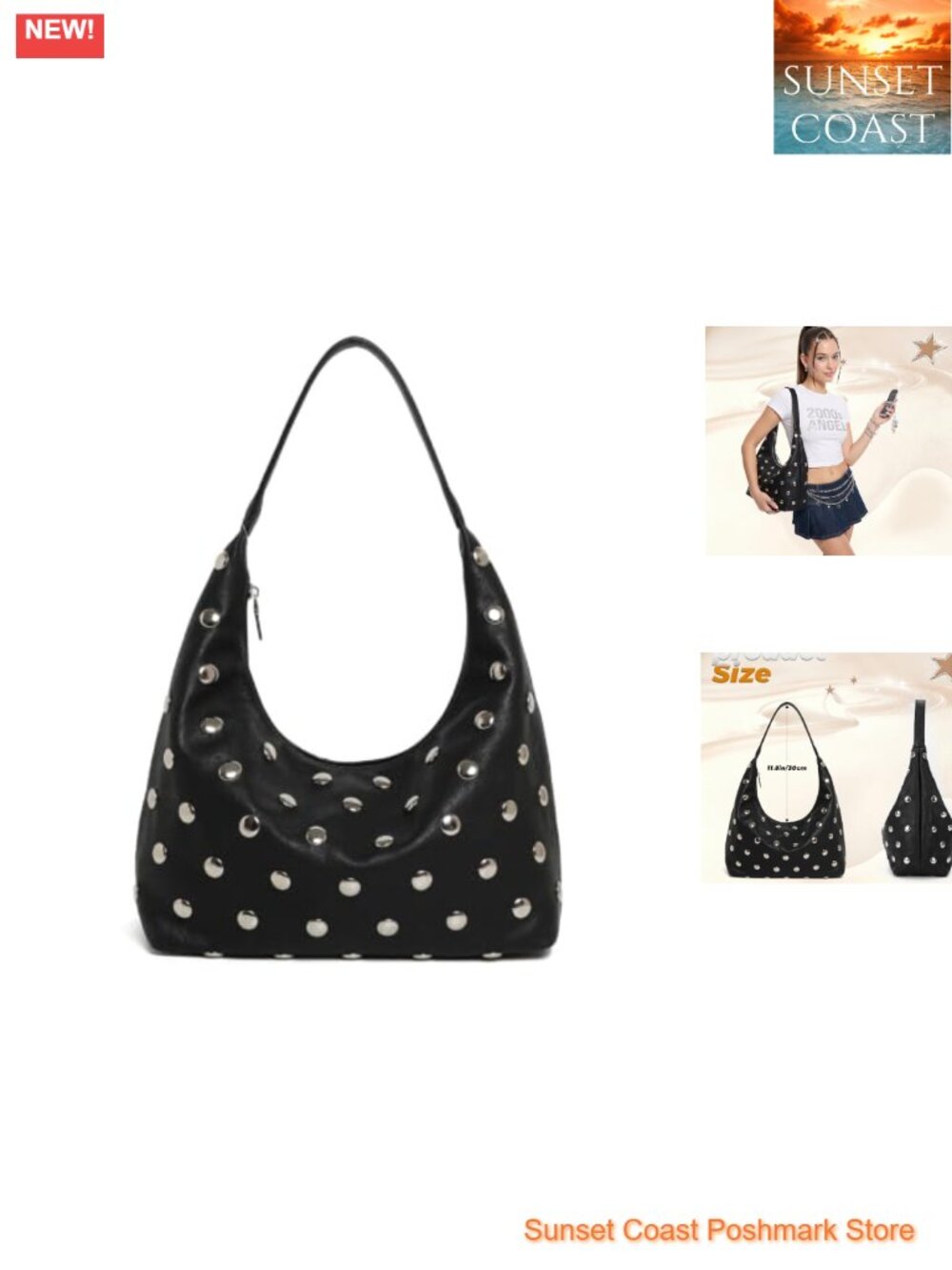 Studded Hobo Bag Slouchy Shoulder Purse Large Rivet PU Leather Y2K Punk